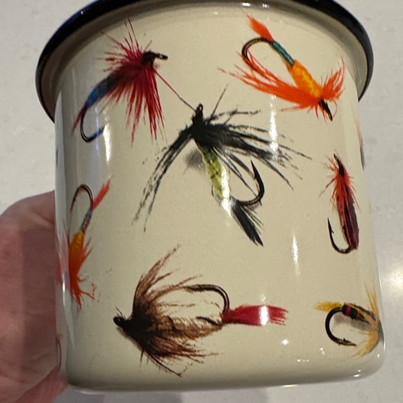 Fly Fishing Patterned Mug with Black Rim metal cup super nice! - Picture 4 of 8